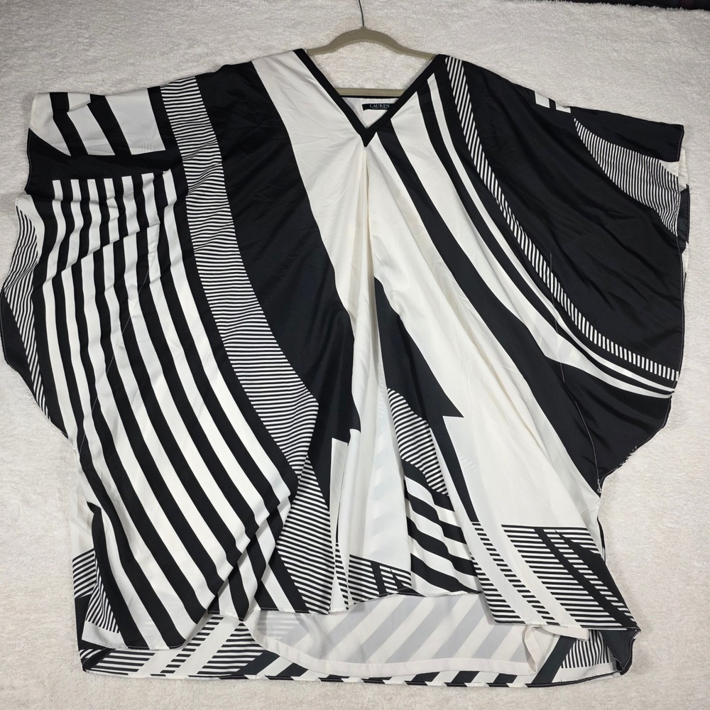 Lauren Ralph Lauren Kaftan Women OS Black White Good Geometric Stripe Poncho Top